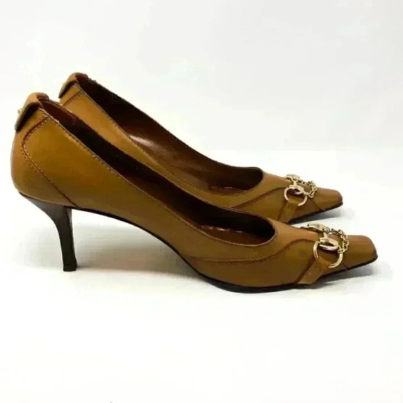 Gucci Brown Leather Gold Horsebit Chain Pointed Toe Kitten Heel Pumps Size 10 - Picture 2 of 15